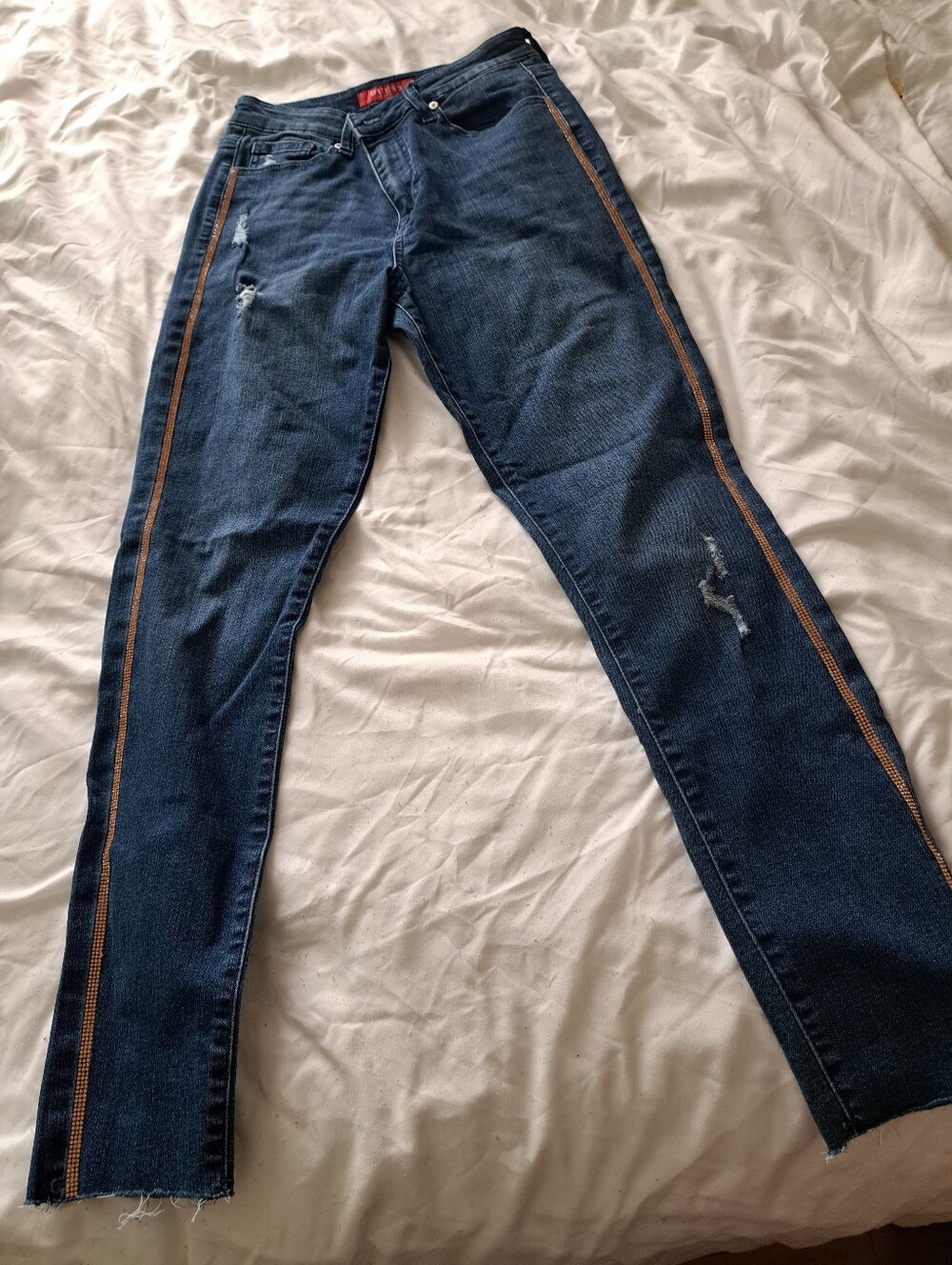 Women Dark Blue Slim Higt Rise Jeans with Gold Shiny Side Stripe
